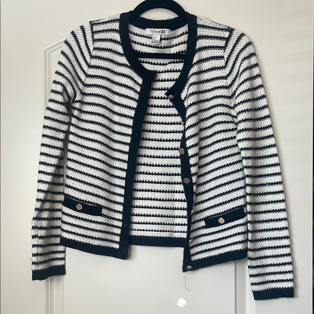 Black & White Striped Cardigan Sweater